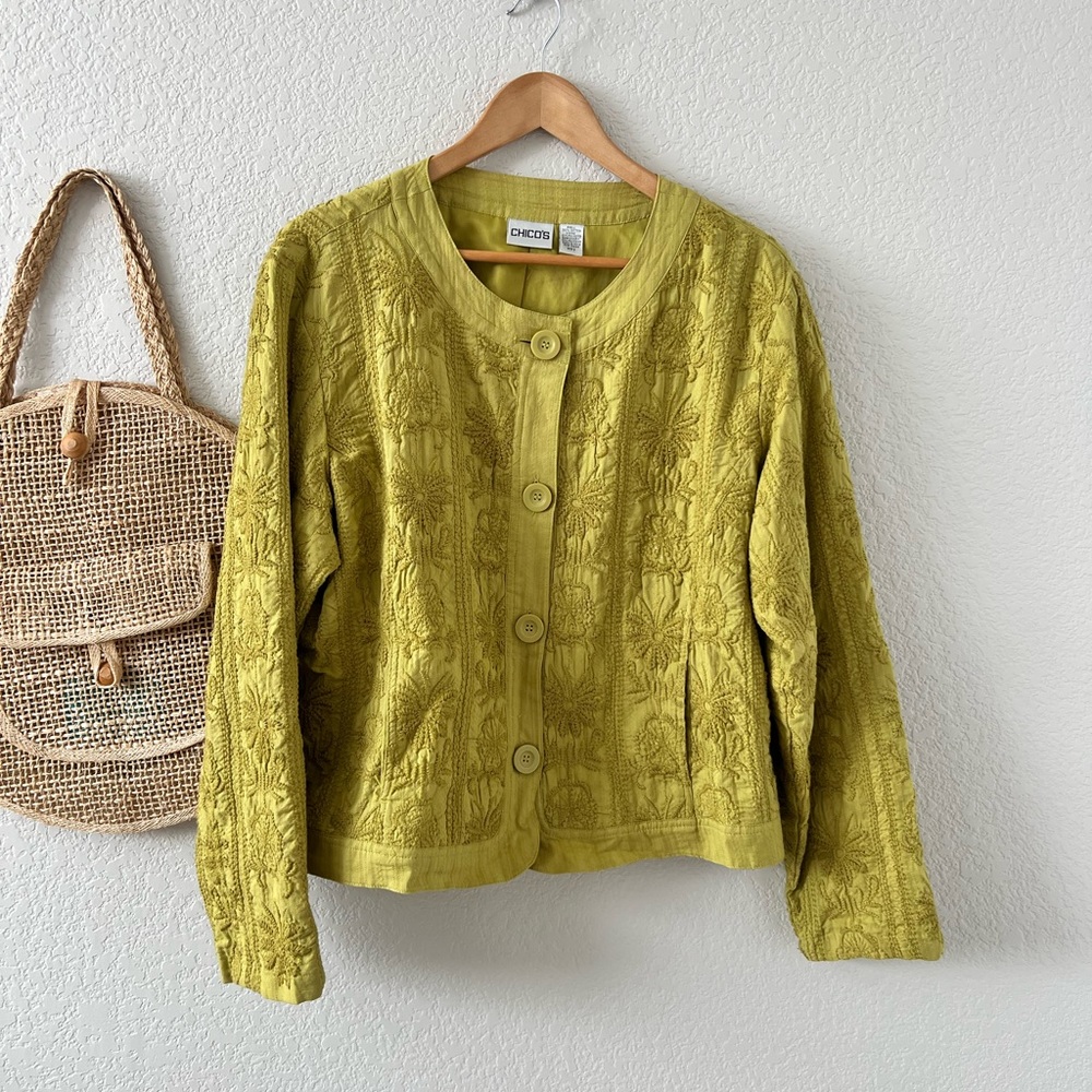 Chico’s Chartreuse Cropped Button Down Embroidered Jacket